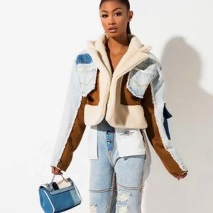 Azalea Wang denim suede faux sherpa jacket